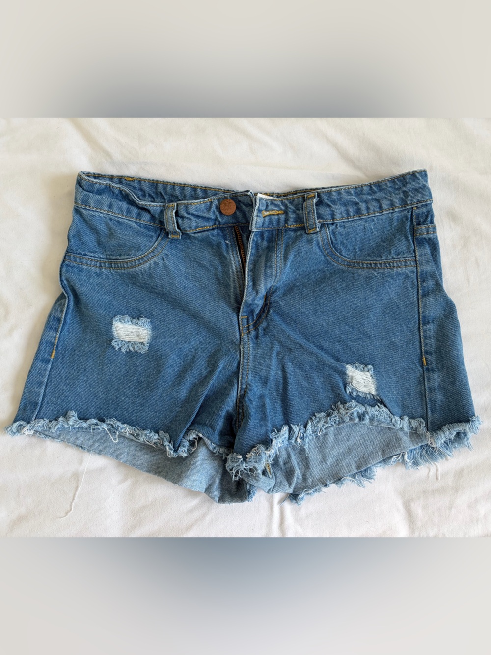 Blue Distressed High-Rise Denim Shorts
